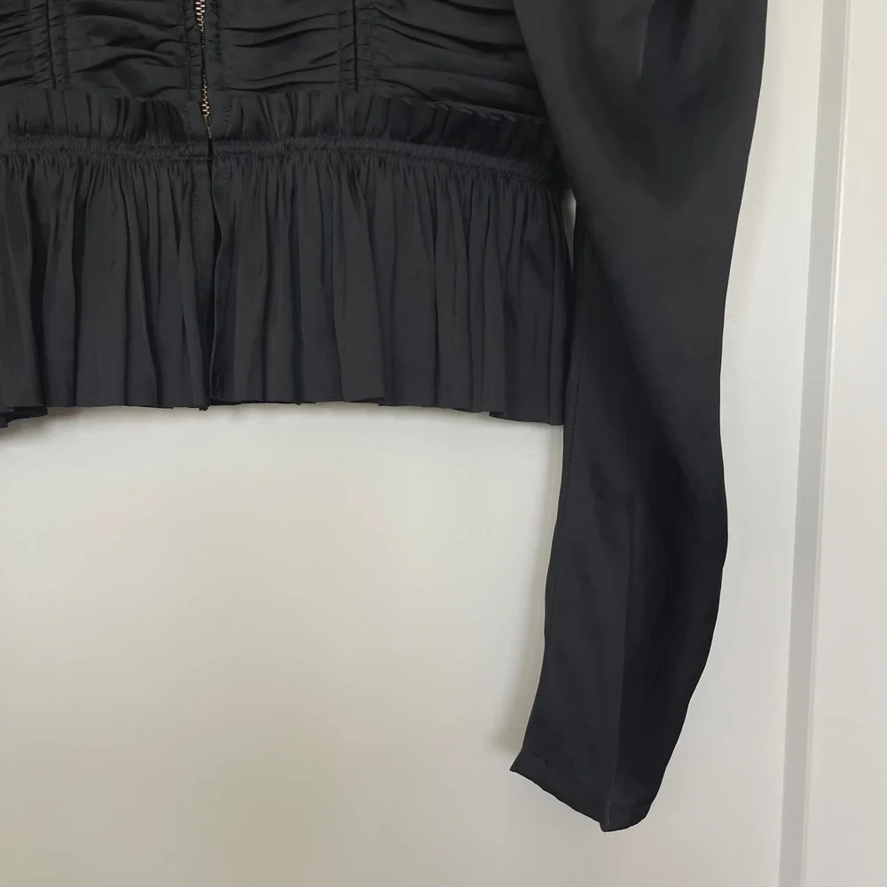 Ulla Johnson Mia Blouse Sz 0 Black Plisse Satin Bustier Puff Sleeve Pleated Sexy